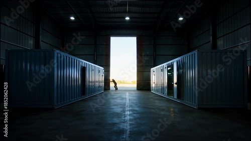 Warehouse Doors Closing at Dusk, Worker Silhouette, Camera Pulling Back