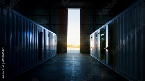 Industrial Warehouse Doors Opening at Dawn, Empty Interior Revealed by Daylight