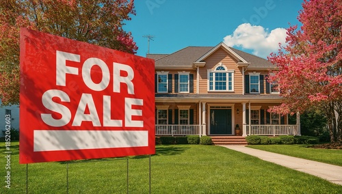 House for Sale With a Red Sign in Front and Colorful Trees in the Yard on a S...