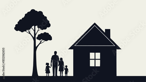 Family silhouette in front of a house with a tree.