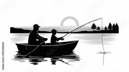Father and son fishing together in a boat on the lake.