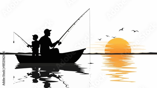 Father and Son Fishing Together in a Boat at Sunset Silhouette.