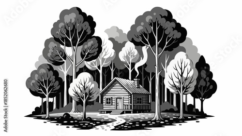 Charming Log Cabin Nestled Amongst Tall Trees in a Forest.