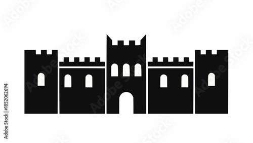 Black Silhouette of a Medieval Castle with Towers and Battlements.