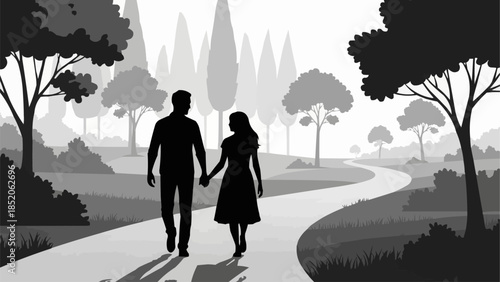 Couple holding hands walking on a park path.