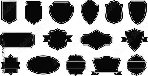 Collection of various black label and badge shapes and designs