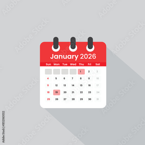 January 2026 calendar icon illustration showing monthly date layout for scheduling, planning, reminder, and time management design.
