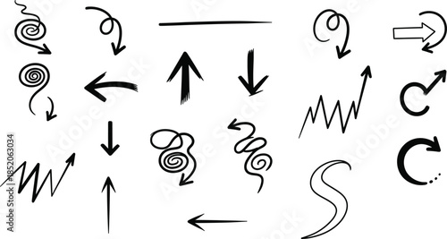 Collection of hand drawn arrows and swirling symbols
