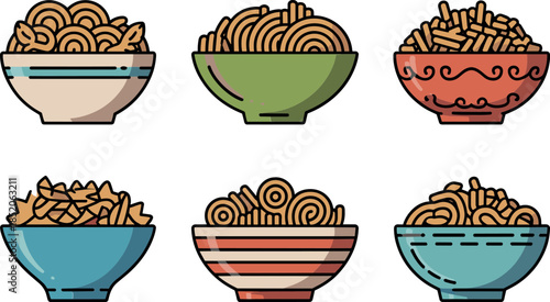 Flat Vector Illustration of Assorted Italian Pasta Types Served in Decorative Ceramic Bowls