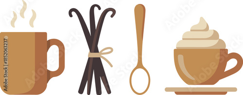 Flat Vector Illustration of Coffee Cup Bundle of Vanilla Beans Wooden Spoon and Cappuccino with Cream