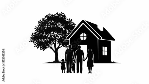 Family standing in front of a house with a tree.