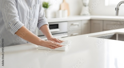 Woman cleaning kitchen island surface