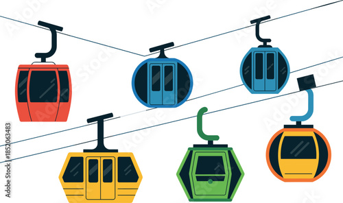Flat Vector Illustration of Colorful Cable Cars and Gondola Lifts Hanging on Steel Cables