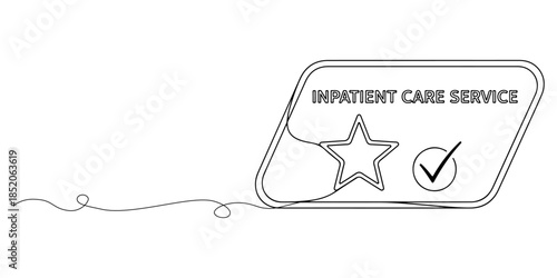 Continuous one line of an inpatient care service badge with star and check mark, representing high-quality inpatient service, hand drawn vector illustration.