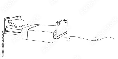 Continuous one line of a hospital bed with pillow and blanket, representing inpatient care service, hand drawn vector illustration.