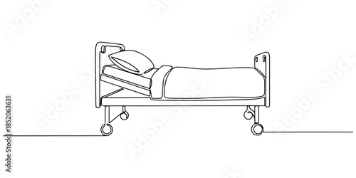 Continuous one line of a hospital bed with pillow and blanket, representing inpatient care service, hand drawn vector illustration.