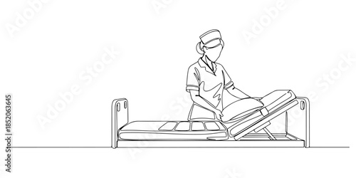 Continuous one line of a nurse adjusting a hospital bed, representing professional inpatient care, hand drawn vector illustration.
