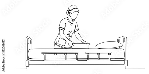 Continuous one line of a nurse adjusting a hospital bed, representing professional inpatient care, hand drawn vector illustration.