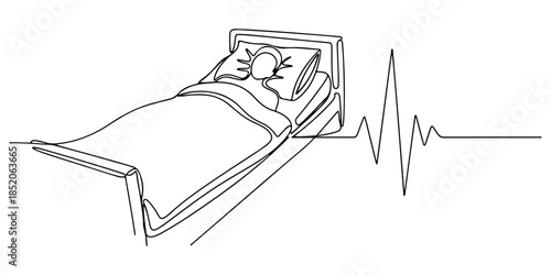Continuous one line of a patient resting in bed with heart pulse line, representing monitored inpatient treatment, hand drawn vector illustration.