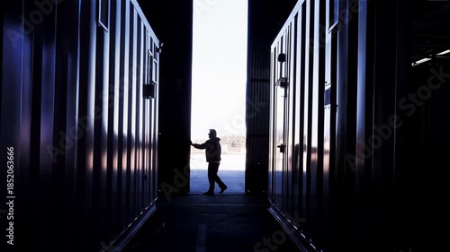 Industrial Warehouse Doors Opening by Worker, Camera Pulling Back as Daylight Reveals Interior