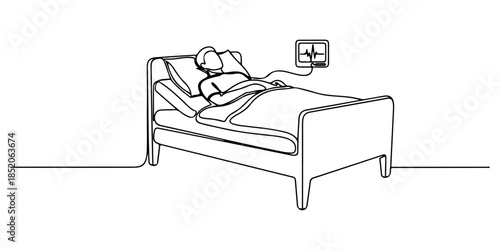 Continuous one line of a patient resting in bed with heart pulse line, representing monitored inpatient treatment, hand drawn vector illustration.