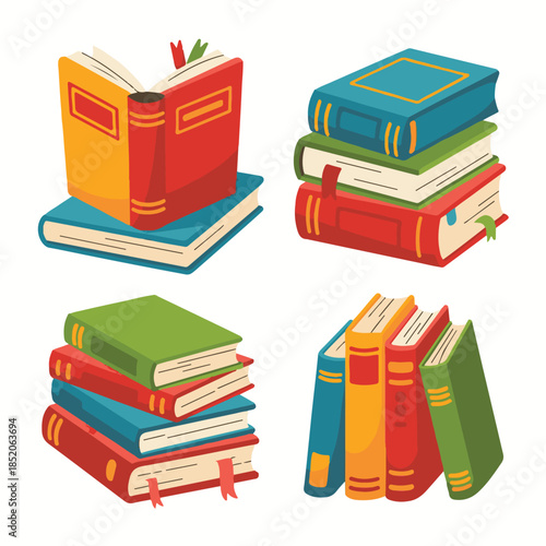 Colorful Cartoon Book Stack and Open Book Vector Illustration Set