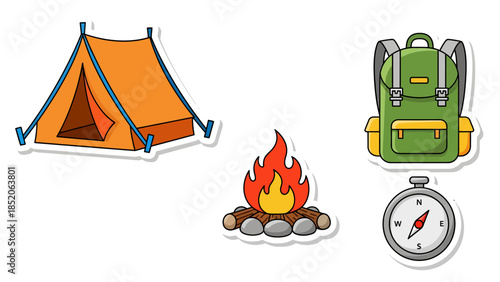 Essential outdoor adventure sticker set featuring a vibrant tent, spacious backpack, cozy campfire, and reliable compass, ideal for wilderness exploration and camping trips