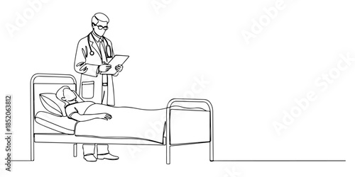 Continuous one line of a doctor checking patient in bed, representing daily inpatient medical rounds, hand drawn vector illustration.