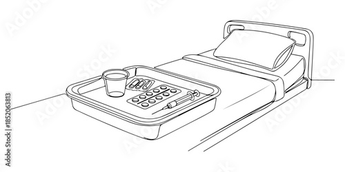 Continuous one line of a medication tray next to hospital bed, representing inpatient medication service, hand drawn vector illustration.