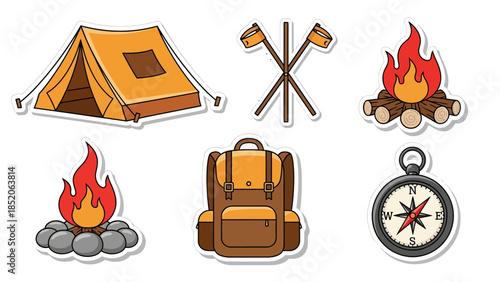 Collection of essential camping and outdoor adventure gear stickers, including tent, backpack, campfire, hiking poles, and compass for nature exploration