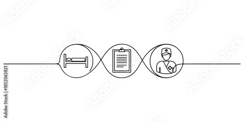 Continuous one line of a continuous loop connecting bed, chart, and caregiver icons, representing integrated inpatient care workflow, hand drawn vector illustration.