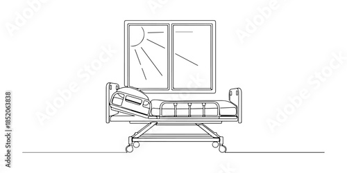 Continuous one line of a window with sun and hospital bed, representing recovery-focused inpatient care, hand drawn vector illustration.