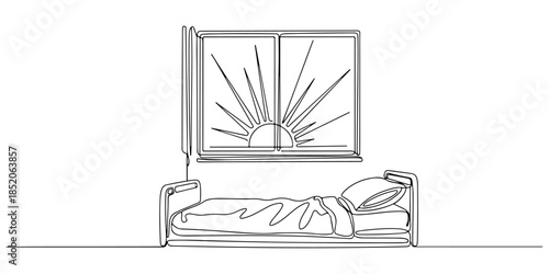 Continuous one line of a window with sun and hospital bed, representing recovery-focused inpatient care, hand drawn vector illustration.