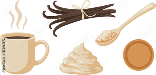Flat Vector Illustration of Hot Coffee Cup Bundled Vanilla Beans Whipped Cream and Sugar Spoon