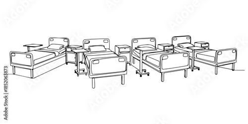Continuous one line of a hospital ward with multiple beds, representing inpatient facility service, hand drawn vector illustration.