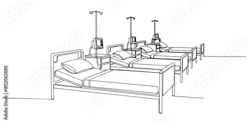 Continuous one line of a hospital ward with multiple beds, representing inpatient facility service, hand drawn vector illustration.