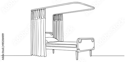 Continuous one line of a bed with privacy curtain, representing private inpatient room service, hand drawn vector illustration.