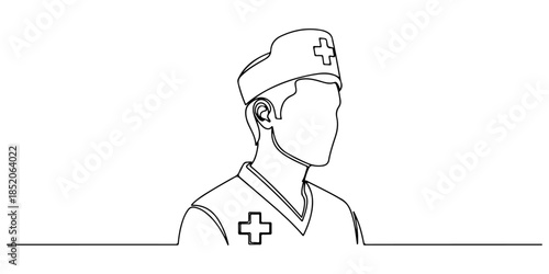 Continuous one line of a medical staff profile with badge, representing trusted inpatient care professionals, hand drawn vector illustration.