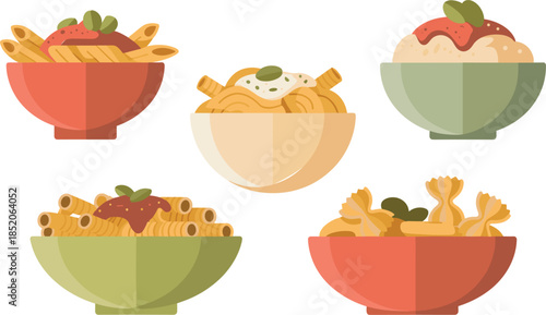 Flat Vector Illustration of Italian Pasta Dishes Including Penne Farfalle and Rigatoni with Tomato Sauce and Basil