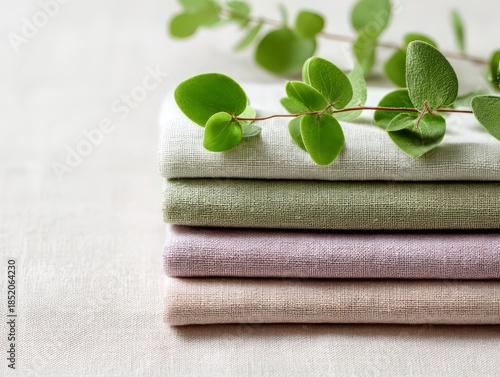 Pastel linen fabric stack with eucalyptus