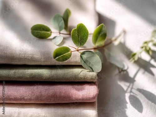Folded pastel linen fabrics with greenery
