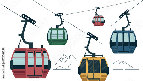 Flat Vector Illustration of Modern Cable Cars and Gondola Lifts with Mountain Peaks