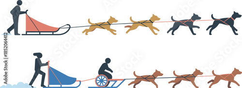 Flat Vector Illustration of Professional Mushers Racing with Sled Dog Teams in Arctic Winter Conditions