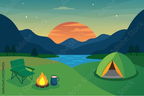 Camping scene with a tent campfire and chair by a serene lake at sunset