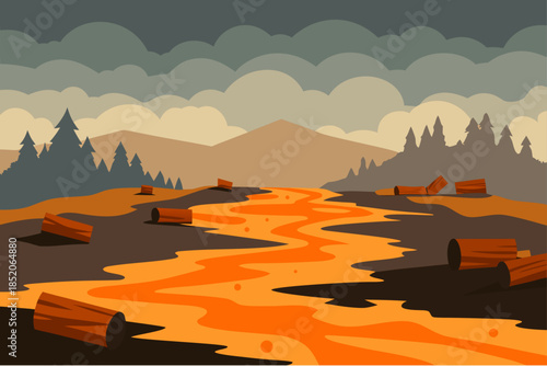 Lava flow through mountain landscape with trees and cloudy sky