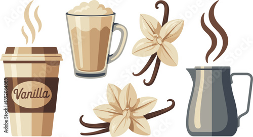 Flat Vector Illustration of Vanilla Coffee Collection Featuring To-Go Cup Latte Glass and Vanilla Flowers