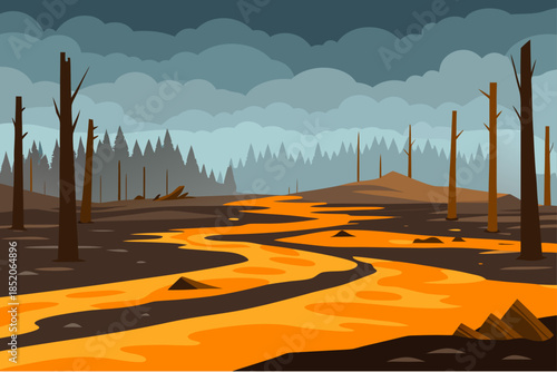 A desolate landscape with a glowing river flowing through a barren wasteland