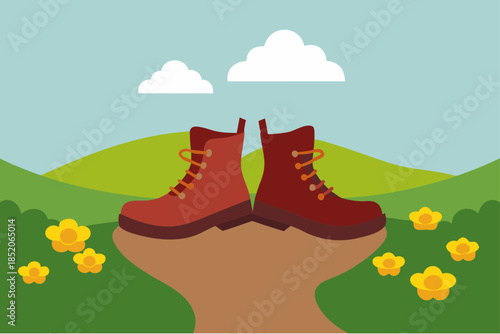 Hiking boots on tree stump in nature