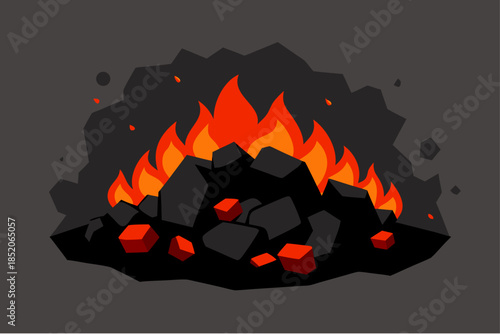 Illustration of a burning coal fire with flames and embers