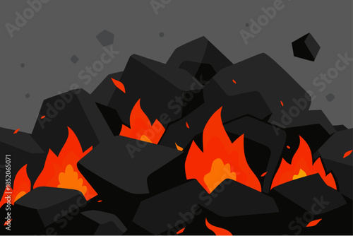 A pile of burning coal with orange flames